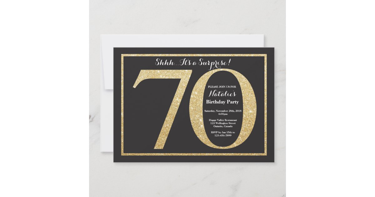 Surprise 70th Birthday Invitation Gold Glitter | Zazzle