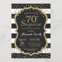 Surprise 70th Birthday Invitation. Gold Glitter