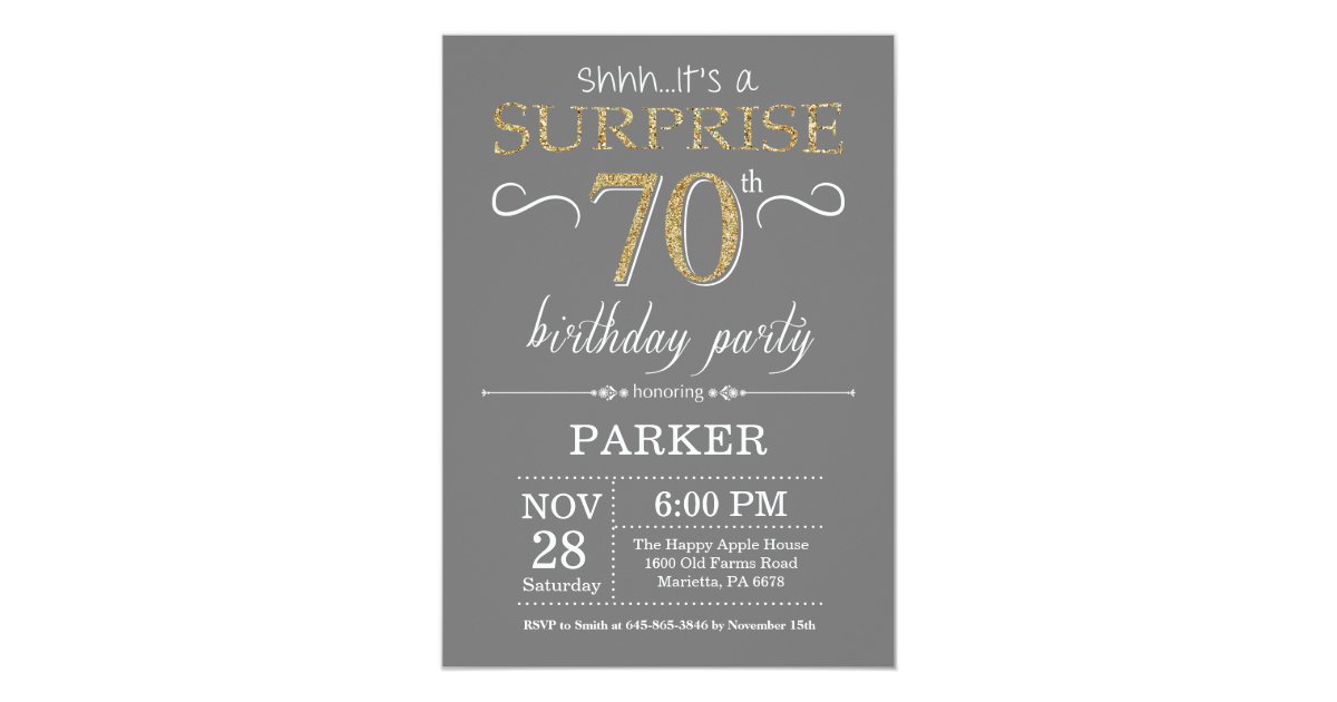Surprise 70th Birthday Invitation Gray and Gold | Zazzle.com