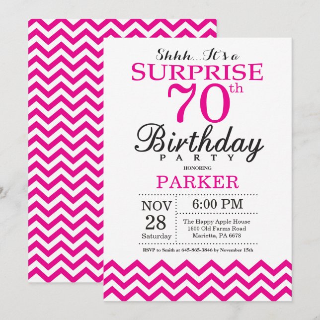 Surprise 70th Birthday Invitation Hot Pink Chevron (Front/Back)