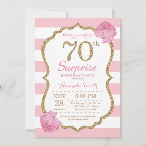 Surprise 70th Birthday Invitation Pink and Gold