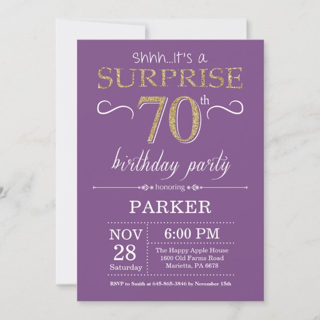 Surprise 70th Birthday Invitation Purple and Gold (Front)