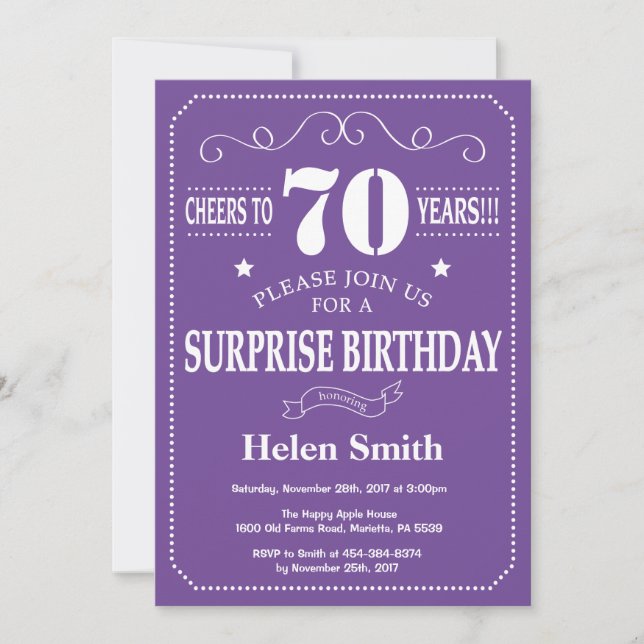 Surprise 70th Birthday Invitation Purple and White (Front)