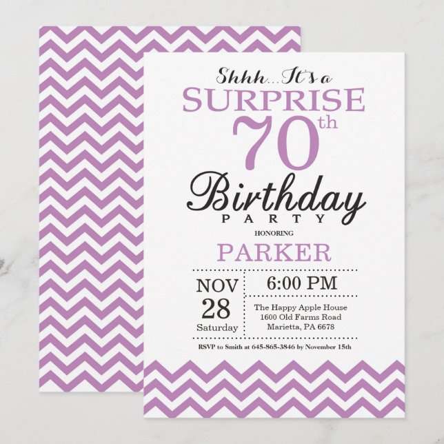 Surprise 70th Birthday Invitation Purple Chevron (Front/Back)