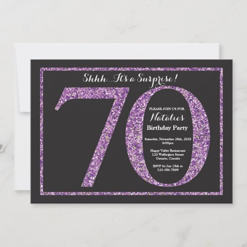 Surprise 70th Birthday Invitation Purple Glitter