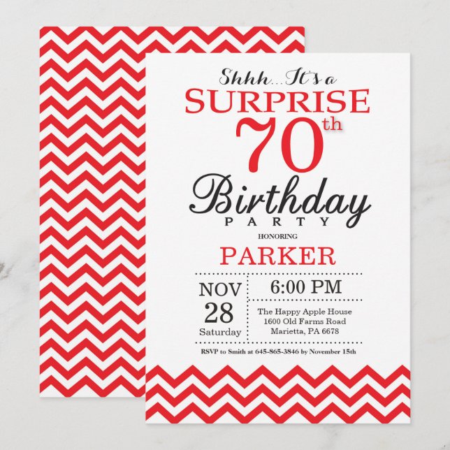 Surprise 70th Birthday Invitation Red Chevron (Front/Back)