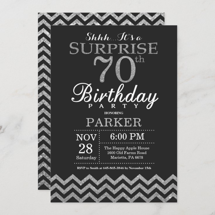 Surprise 70th Birthday Invitation Silver Glitter | Zazzle
