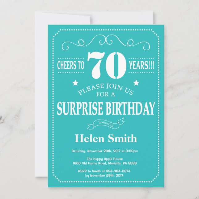 Surprise 70th Birthday Invitation Teal and White (Front)