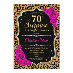 Surprise 70th Birthday - Leopard Black Gold Pink Invitation