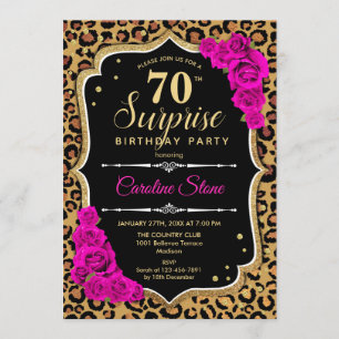 Surprise 70th Birthday - Leopard Black Gold Pink Invitation