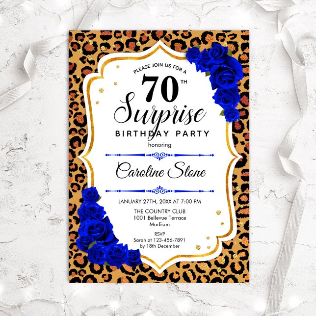 Surprise 70th Birthday - Leopard Gold Royal Blue Invitation (Creator Uploaded)