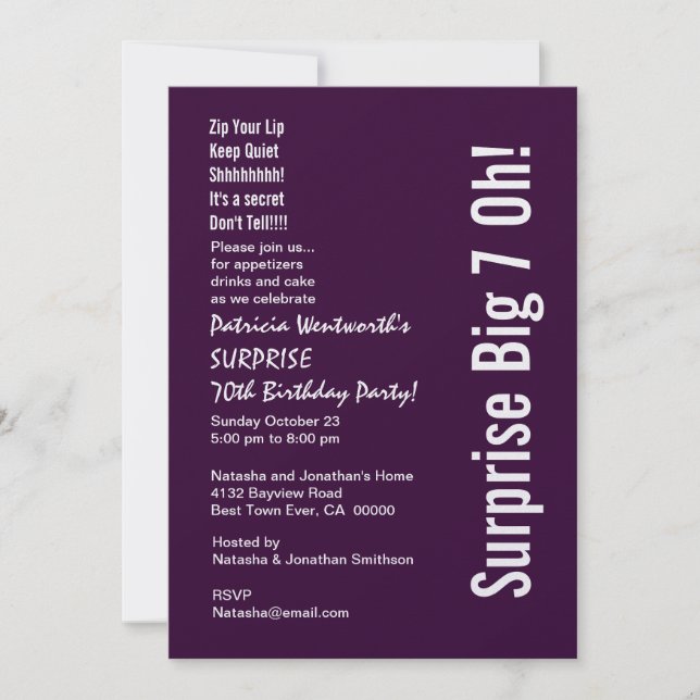 SURPRISE 70th Birthday Modern Deep Purple Metallic Invitation (Front)