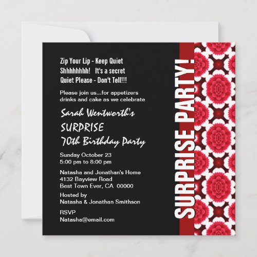 SURPRISE 70th Birthday Modern Red Black Flowers Custom Invitations