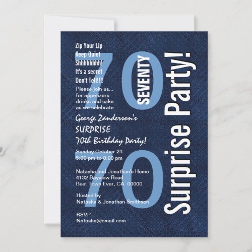 SURPRISE 70th Birthday Modern Royal Blue R604 Custom Invites