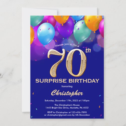 Surprise 70th Birthday Navy Blue and Gold Balloons Invitation