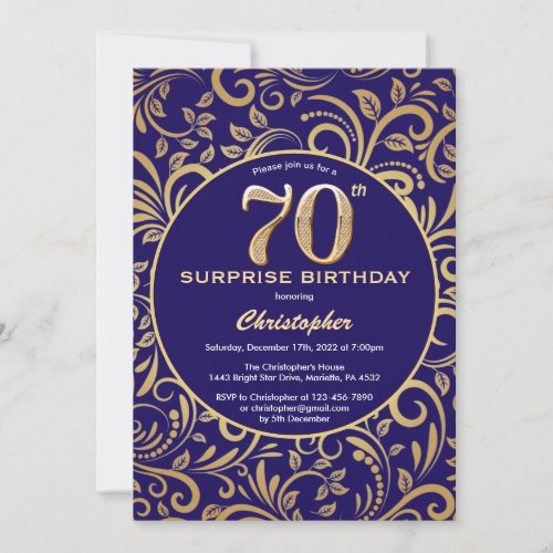 Surprise 70th Birthday Navy Blue and Gold Floral Invitation