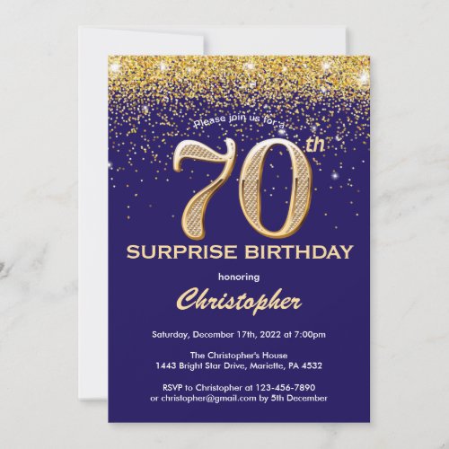 Surprise 70th Birthday Navy Blue and Gold Glitter Invitation