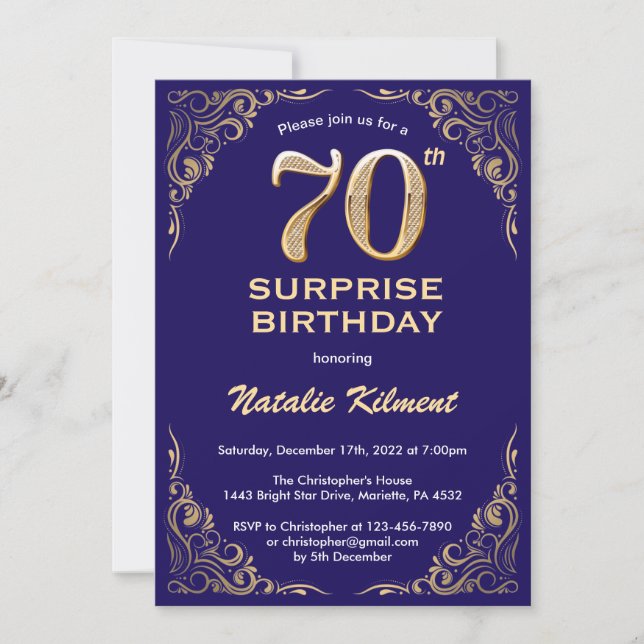 Surprise 70th Birthday Navy Blue and Gold Glitter Invitation (Front)