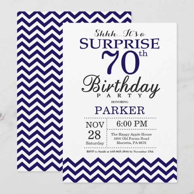 Surprise 70th Birthday Navy Blue Chevron Invitation (Front/Back)