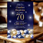 Surprise 70th Birthday Navy Blue Gold Balloons Invitation<br><div class="desc">He's the star of the night!!! This fabulous men's 70th birthday surprise party invitation featuring a bottom edge of navy blue and gold balloons, the number 70 in gold is perfect for celebrating the man in your life's 70th birthday. It is traditional and classic while being fresh, modern and contemporary....</div>