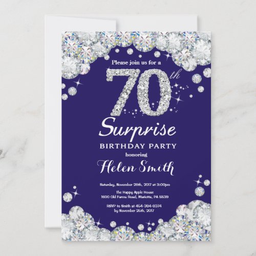 Surprise 70th Birthday Navy Blue Silver Diamond Invitation