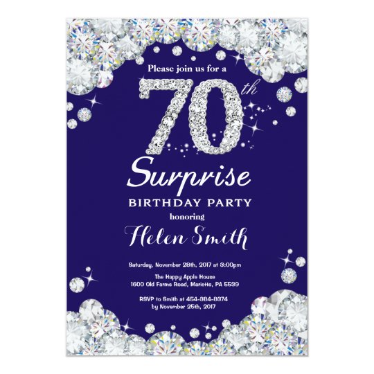 Surprise 70th Birthday Navy Blue Silver Diamond Invitation