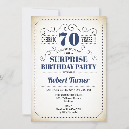 Surprise 70th Birthday _ Navy Blue White Black Invitation