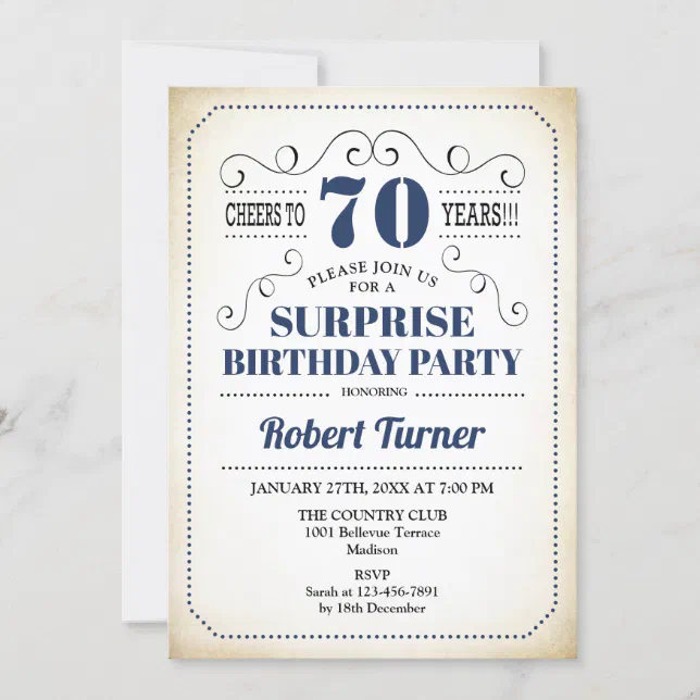 Surprise 70th Birthday - Navy Blue White Black Invitation | Zazzle