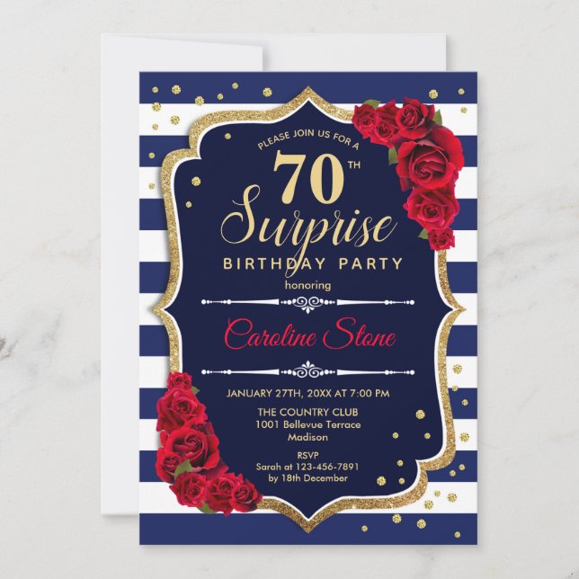 Surprise 70th Birthday - Navy White Red Invitation (Front)