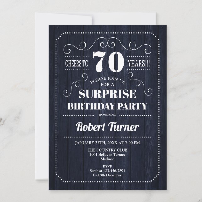 Surprise 70th Birthday - Navy Wood Pattern Invitation (Front)