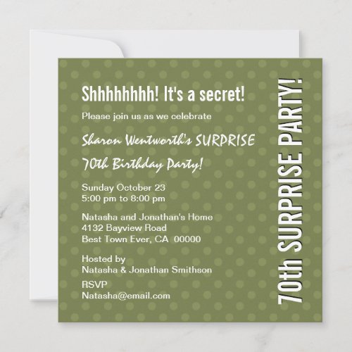 SURPRISE 70th Birthday Olive Green Polka Dots Y324 Custom Invitation