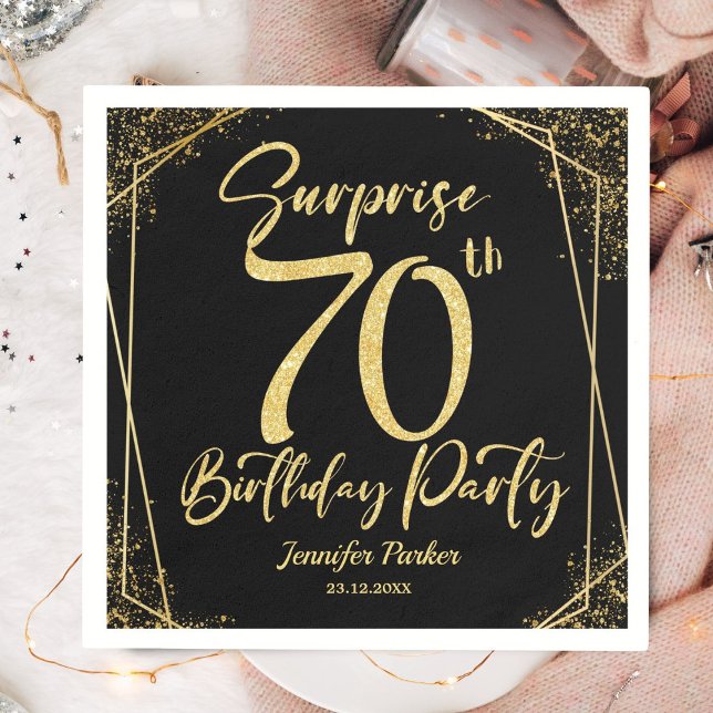 Surprise 70th Birthday Party Black & Gold Glitter Napkins (Creator Uploaded)