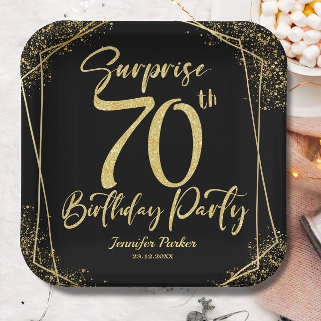 Surprise 70th Birthday Party Black & Gold Glitter Paper Plates (Creator Uploaded)