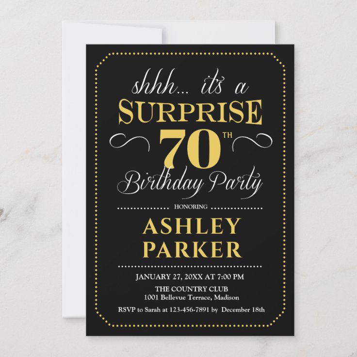 Surprise 70th Birthday Party - Black Gold Invitation | Zazzle