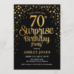 Surprise 70th Birthday Party - Black & Gold Invitation<br><div class="desc">Surprise 70th Birthday Party Invitation.
Elegant design in black and faux glitter gold. Features stylish script font and confetti. Message me if you need custom age.</div>