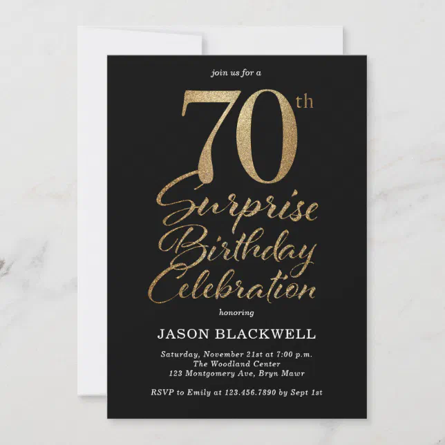 Surprise 70th Birthday Party Black & Gold Invitation | Zazzle