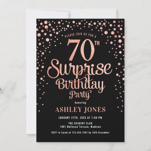 Surprise 70th Birthday Party _ Black  Rose Gold Invitation