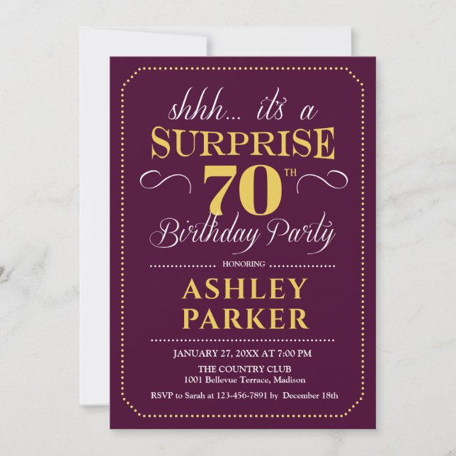 Surprise 70th Birthday Party - Burgundy Gold Invitation (Front)