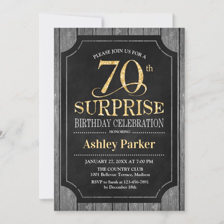 Surprise 70th Birthday Party - Chalkboard Gold Invitation | Zazzle