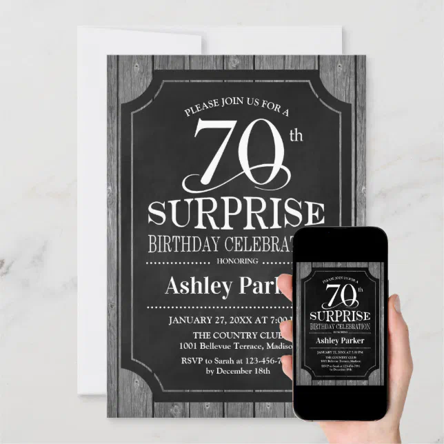 Surprise 70th Birthday Party - Chalkboard White Invitation | Zazzle