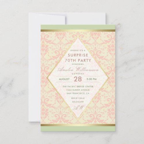 Surprise 70th Birthday Party | Damask Diamond Bow Invitation - Surprise 70th Birthday Party | Damask Diamond Bow by Eugene Designs. Send out these elegant damask invitations and make your surprise party a night to remember. On the front, delicate pastel coral pink damask is overlain with a gold bordered diamond shape mat with stylish typography and the person's initials in the same cursive font as her name. The top and bottom are bordered by faux gold foil stripes. The reverse is split into two halves horizontally with pale pastel green at the top and the pastel coral pink damask at the bottom. Across the middle is a shiny ribbon bow with a diamond jewel mounted at the center. Choose the size and paper stock from Zazzle's wide choice and customize fonts and colors to make it your own. Please note that all Zazzle invitations are flat printed and there is nothing affixed to the paper. All artifacts are digitally printed effects. Thanks.