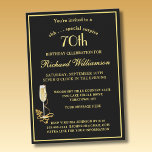 SURPRISE 70th Birthday Party Elegant Black Gold  Invitation<br><div class="desc">This Surprise elegant birthday party invitation features the lovely touches of gold filigree and the champagne glass as the added touch and there is much to personalize to make appropriate for your own event. A trendy, modern 70th (or any age) birthday party invitation card for the special gentleman. Any design...</div>