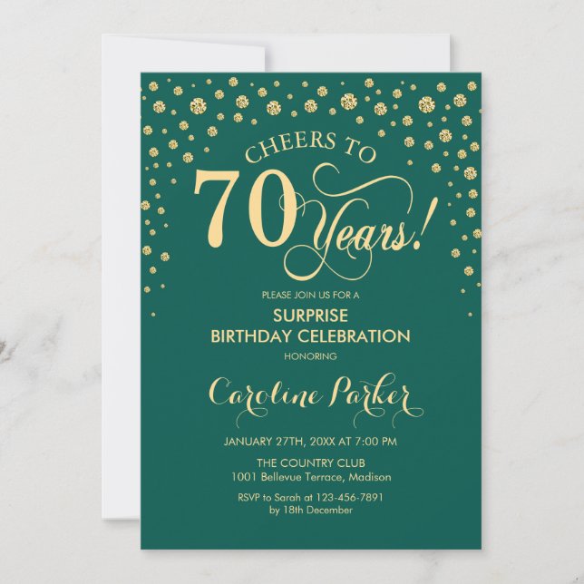 Surprise 70th Birthday Party - Emerald Green Gold Invitation (Front)