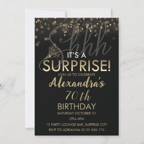 Surprise 70th Birthday Party for Women Black Invitation