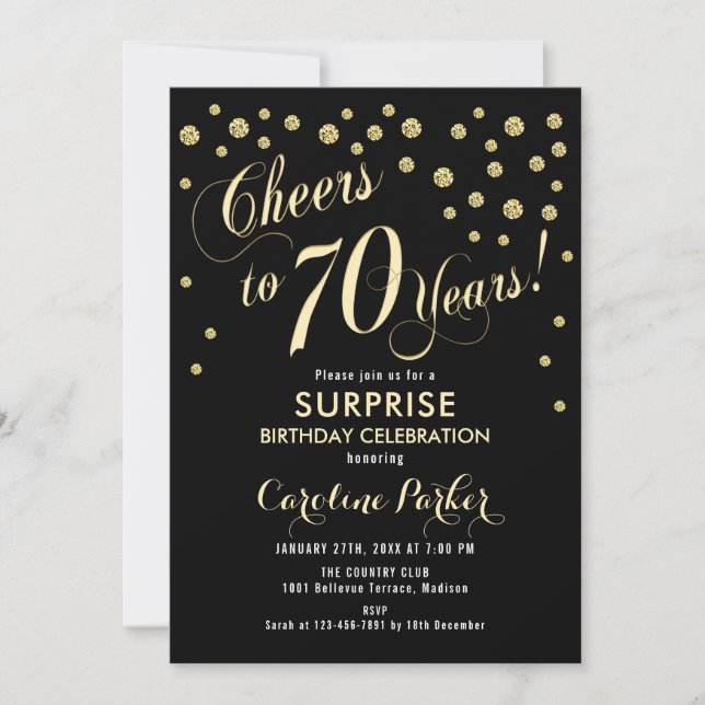 Surprise 70th Birthday Party - Gold Black Invitation (Front)