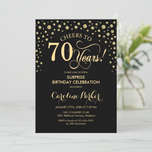 Surprise 70th Birthday Party - Gold Black Invitation | Zazzle