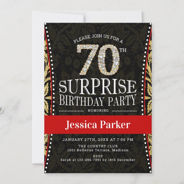 Surprise 70th Birthday Party - Gold Black Red Invitation (Front)