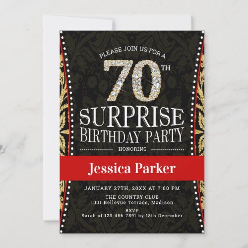 Surprise 70th Birthday Party _ Gold Black Red Invitation