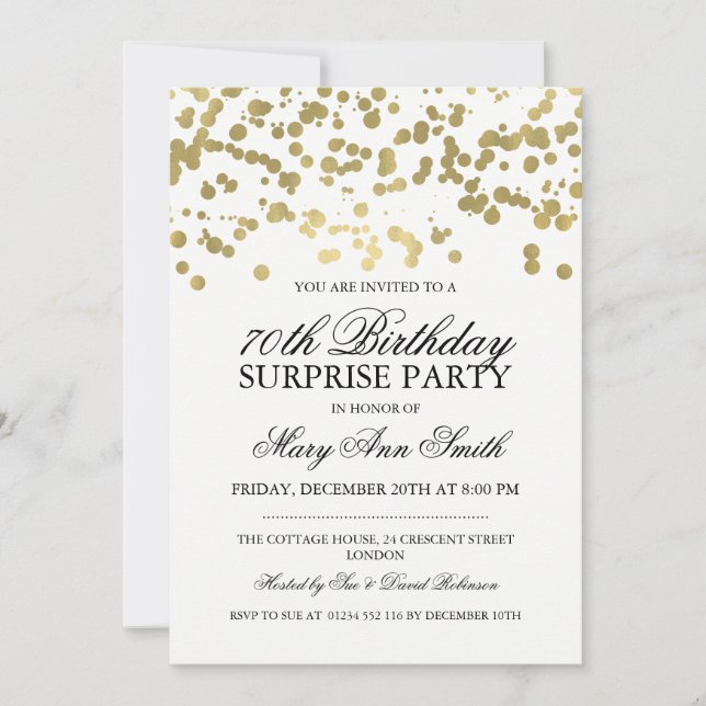 Surprise 70th Birthday Party Gold Foil Confetti Invitation (Front)