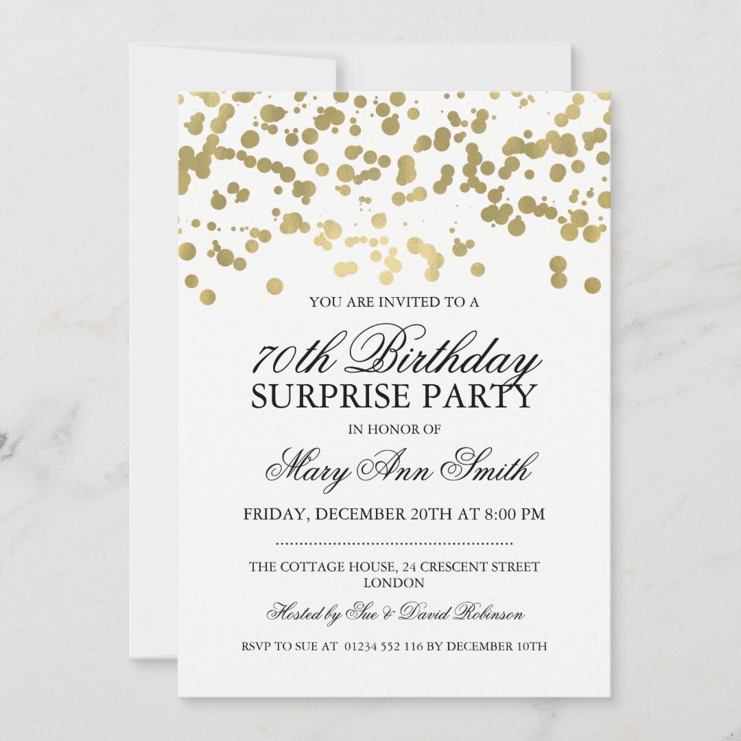 Surprise 70th Birthday Party Gold Foil Confetti Invitation | Zazzle